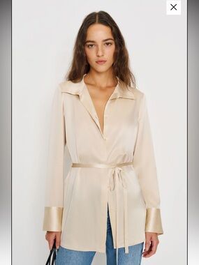 Reformation Camilla silk belted blouse top in almond champagne